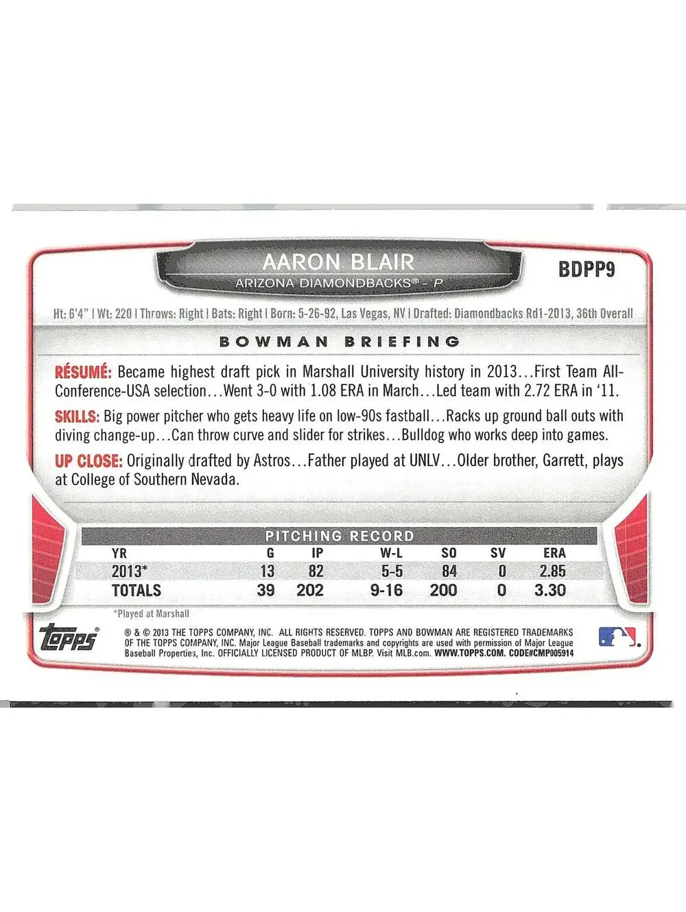 2013 Bowman Draft #BDPP9 Aaron Blair Draft Picks HAND SIGNED
